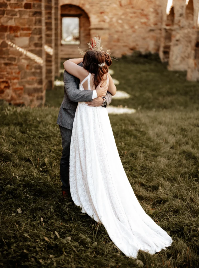 Emotional portrait of a bride and groom, capturing their deep connection and love on their wedding day