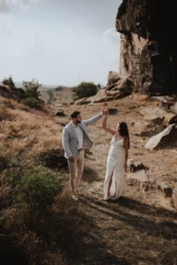 Bride and groom in a breathtaking rustic setting, surrounded by natural beauty and charm on their wedding day