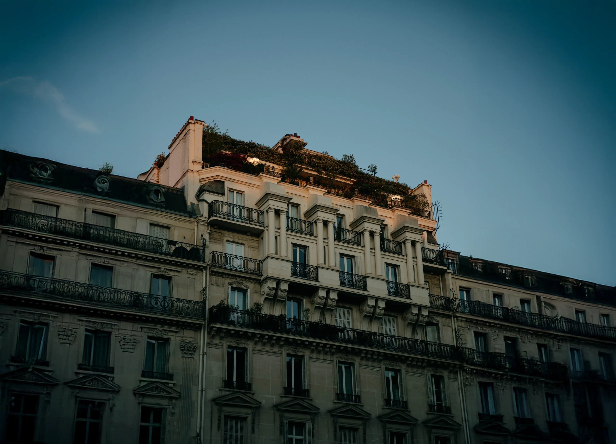 Golden hour light on Parisian rooftops at Rue de Rivoli.