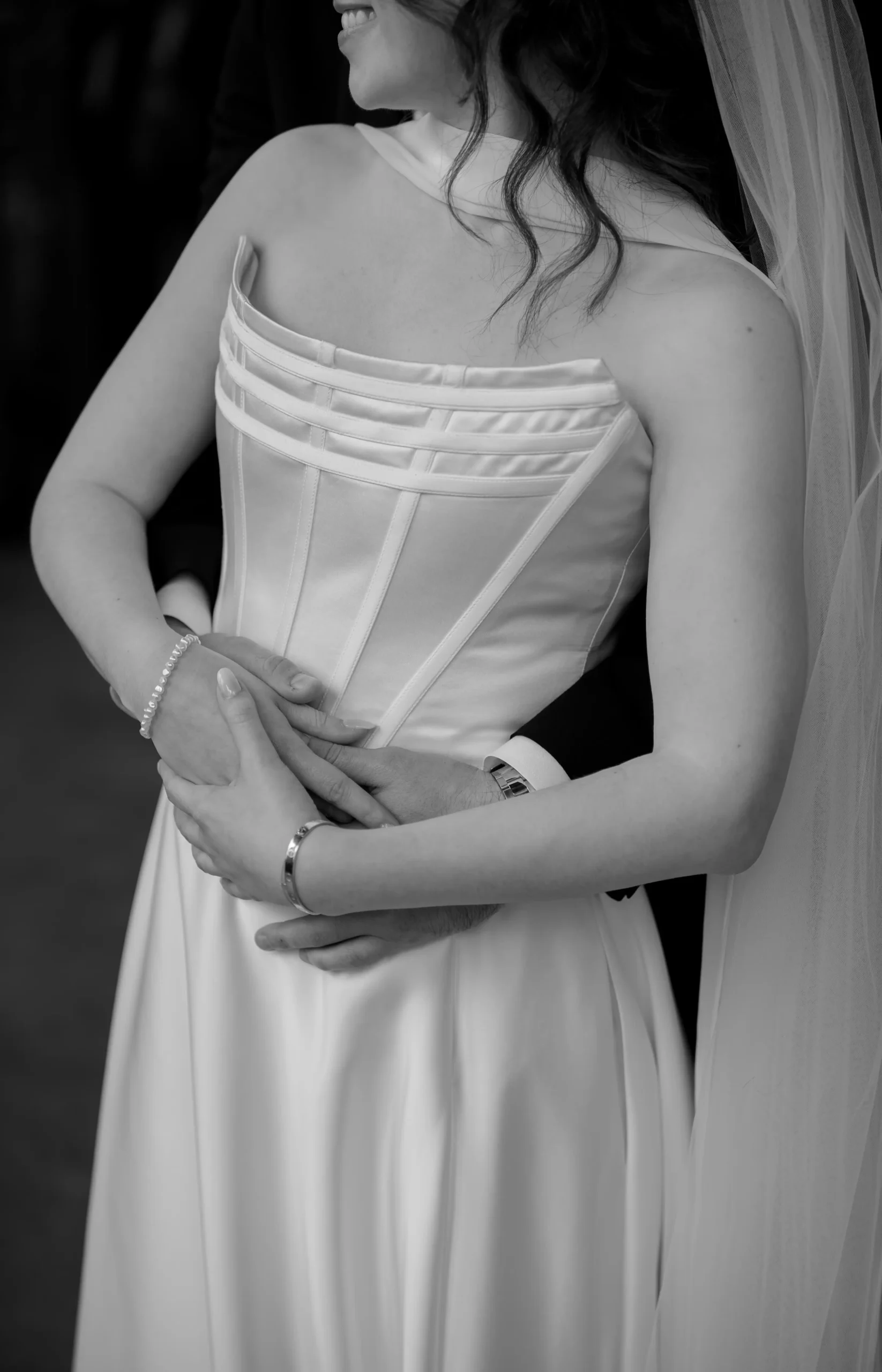 Bride and groom in a quiet black-and-white moment at Hudson Basilica.