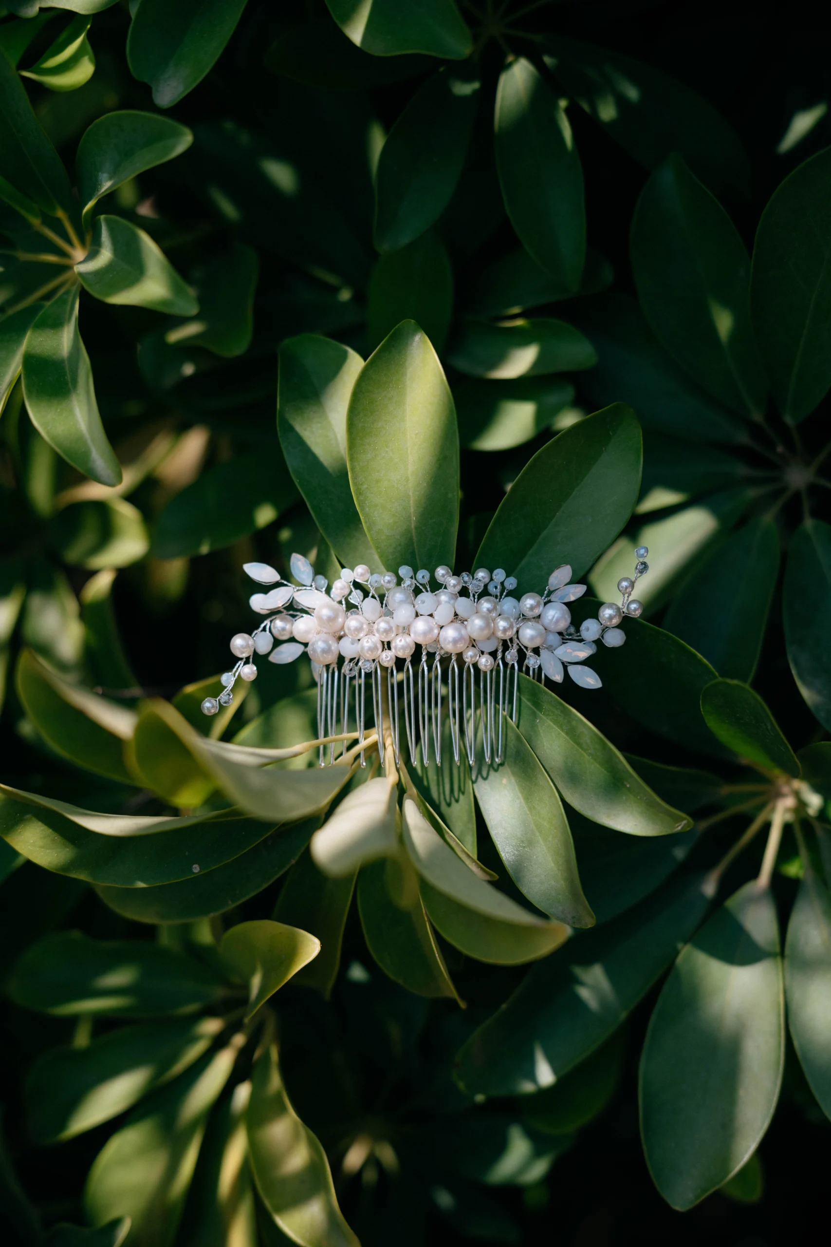 Bridal hairpiece with pearls resting on vibrant Sicilian leaves