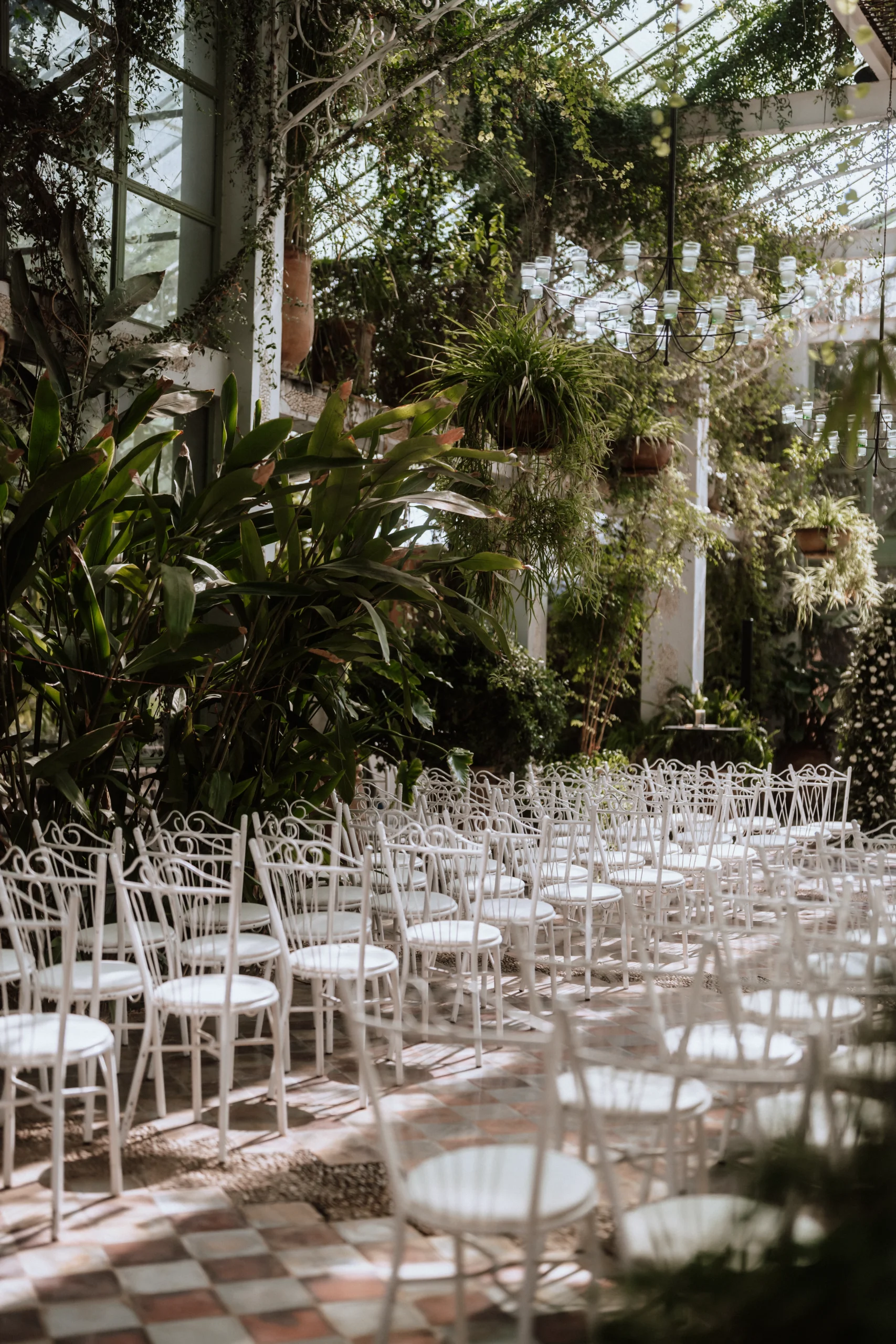 Weiße Stühle stehen bereit für eine Hochzeitszeremonie im Grünen