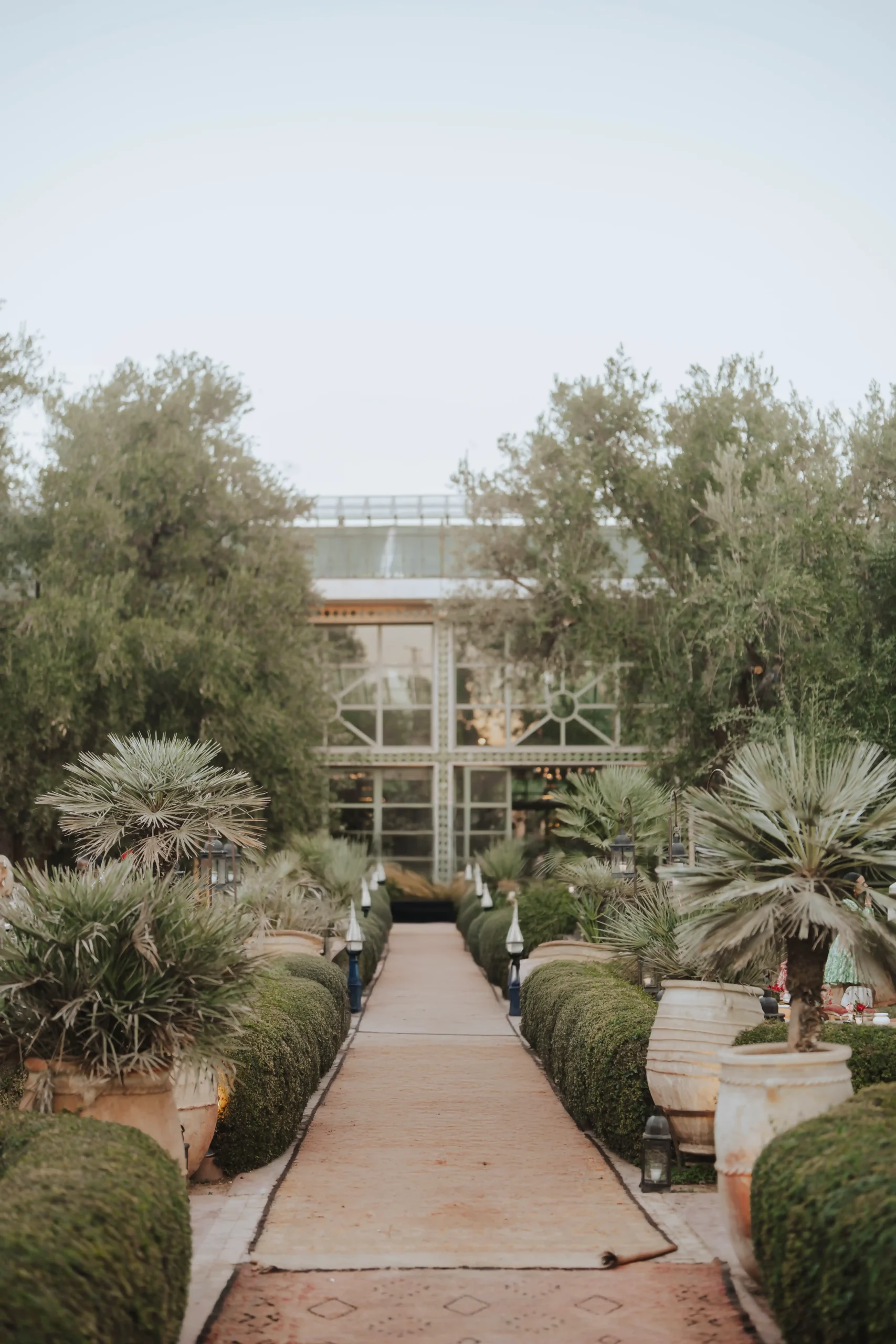 Gepflegter Weg mit Palmen und Pflanzen führt zur Hochzeitsvilla Beldi Country