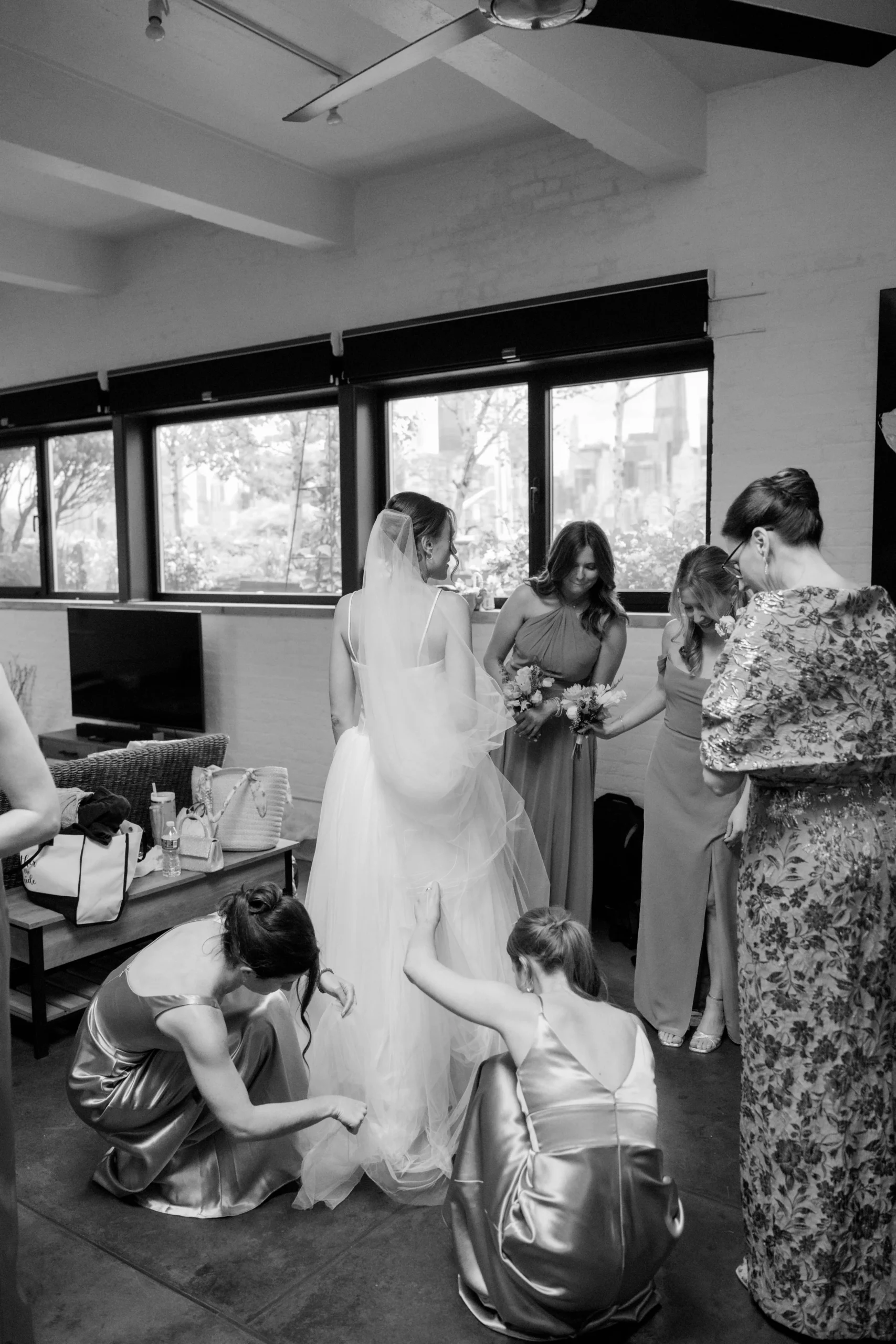 Bride with bridesmaids before The Foundry NYC ceremony