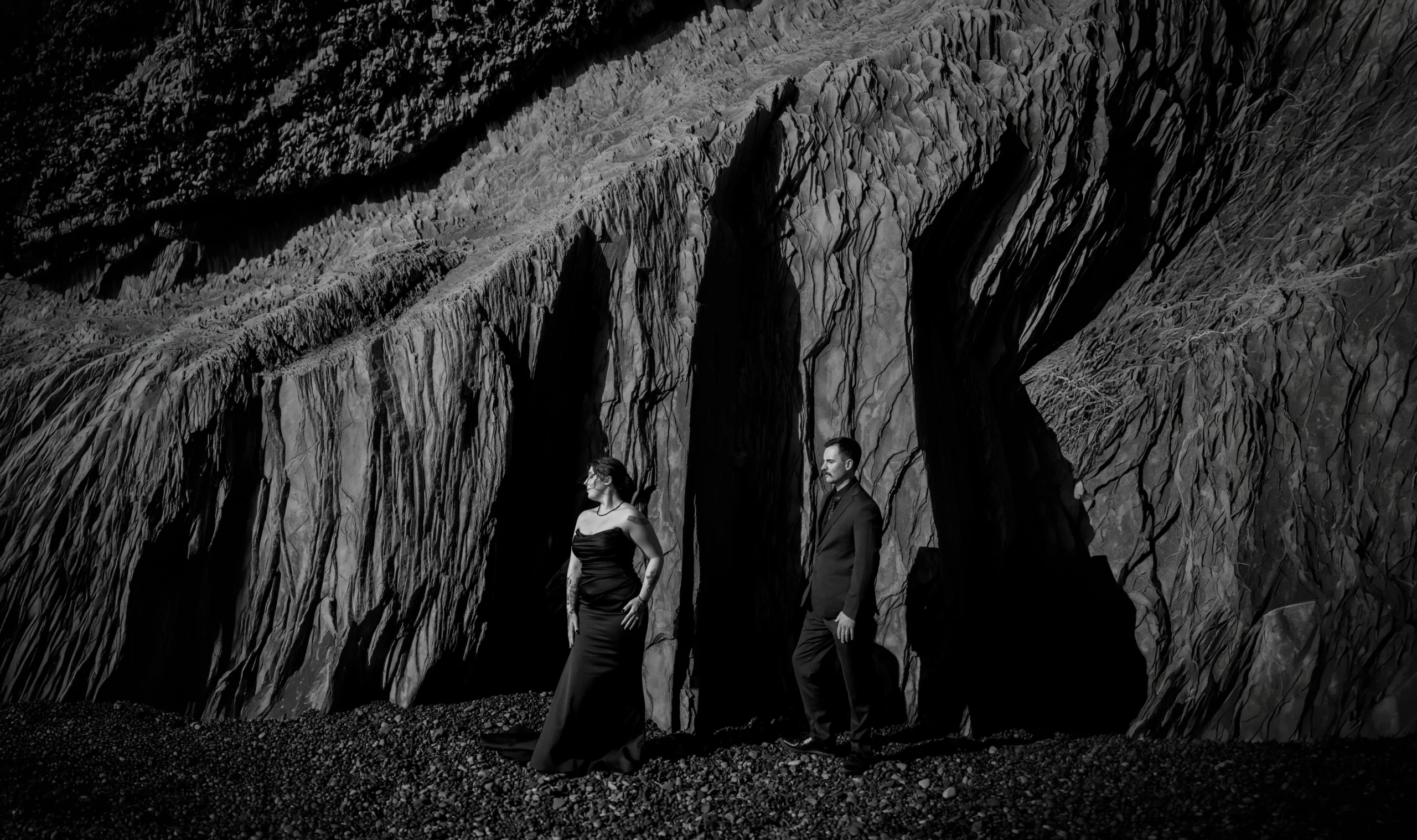 Cinematic black and white wedding portrait in Iceland