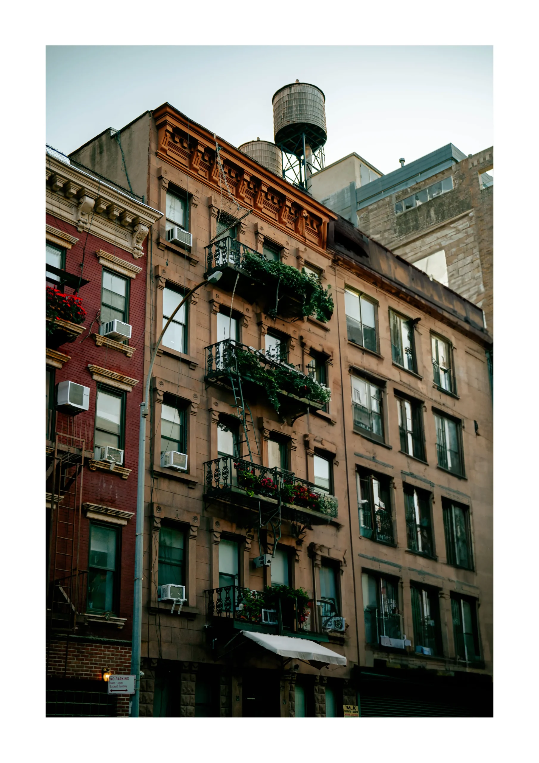 New York fine art print of apartment buildings with rooftop water towers