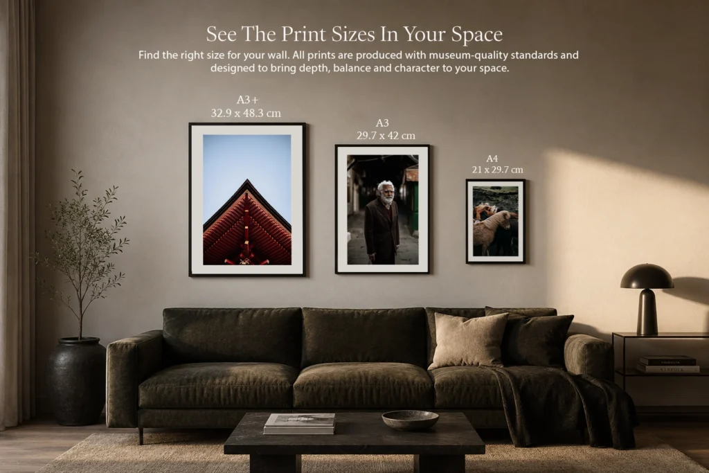 Fine art print size guide showing A3+, A3 and A4 framed prints